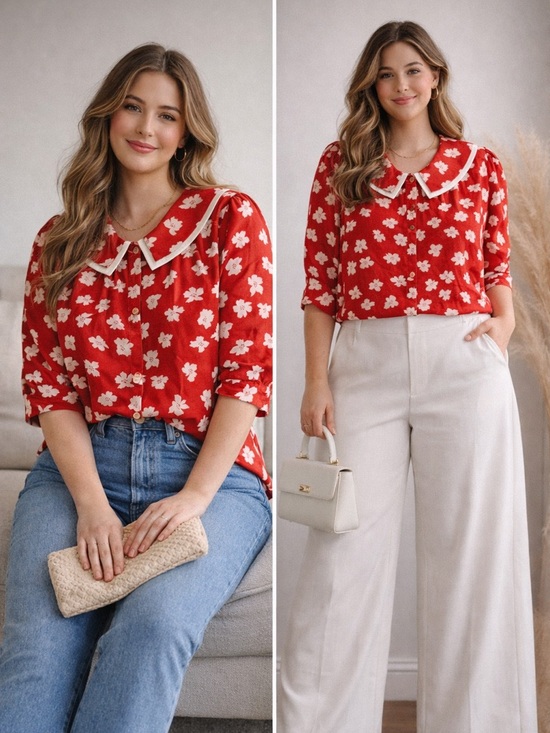 Josephine Tops - Red Floral Blouse with Contrast Peter Collar 06-0207